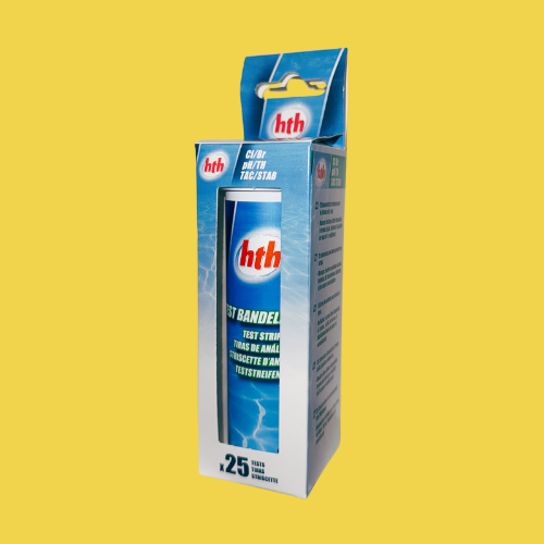 HTH Teststreifen für Pool & Spa | 6-in-1 Wassertest für: Freies Chlor/Gesamtchlor /Brom /pH-Wert /Alkalinität (TAC)/Gesamthärte (tH)/Stabilisator (Cyanursäure) | Inhalt: 25 Streifen