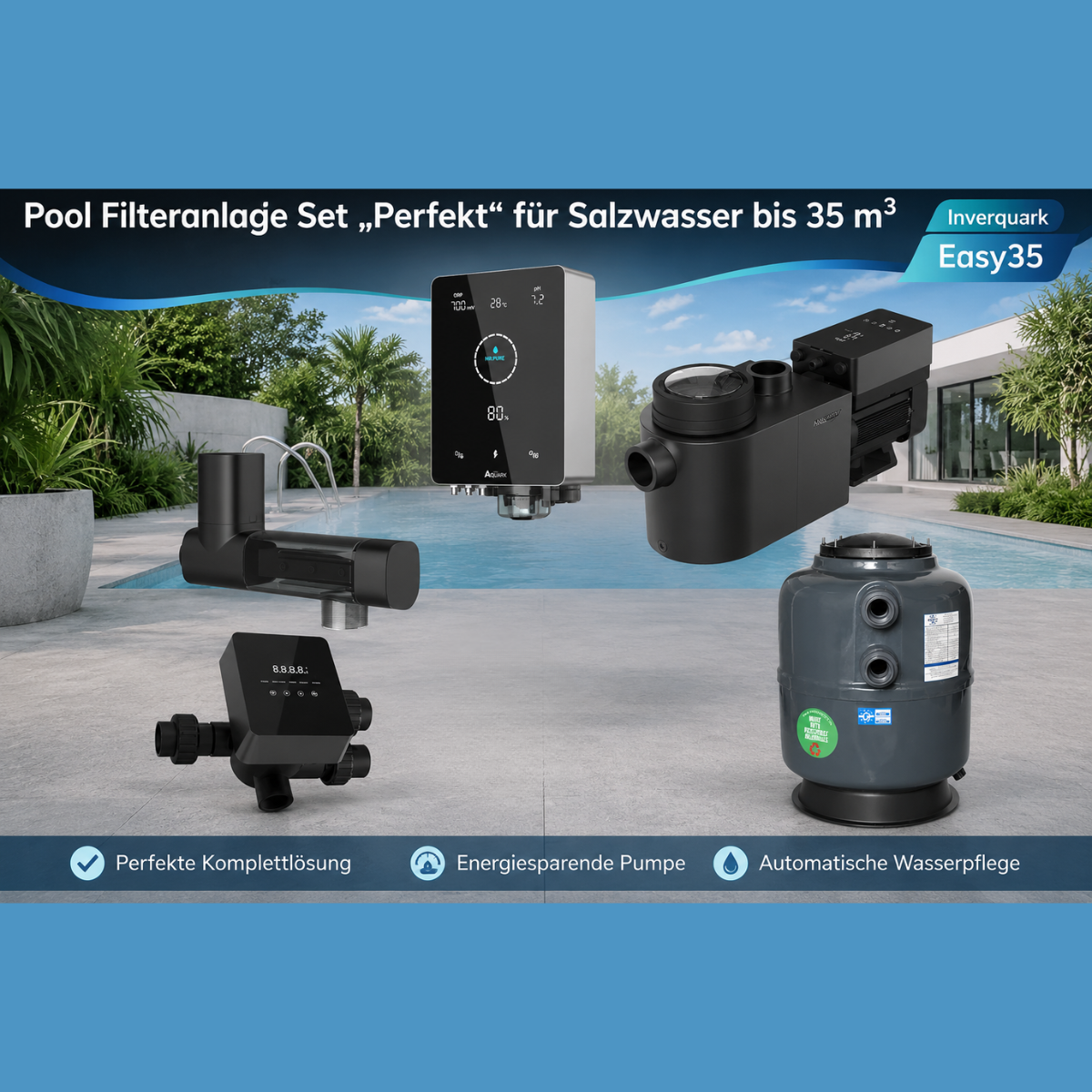 Pooltechnikpaket bis 35m³ "Perfekt" Filterkessel 500mm – InverPro IP20 Inverterpumpe, iWash Rückspülventil & Mr. Pure MPS14 Salzanlage