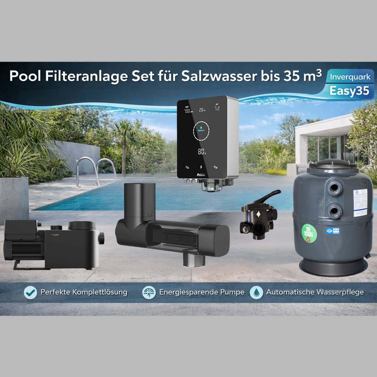 Pooltechnikpaket bis 35m³ "Easy" - Filterkessel 500 mm + InverPro IP20 Inverterpumpe + 6-Wegeventil & Mr. Pure MPS14 Salzanlage