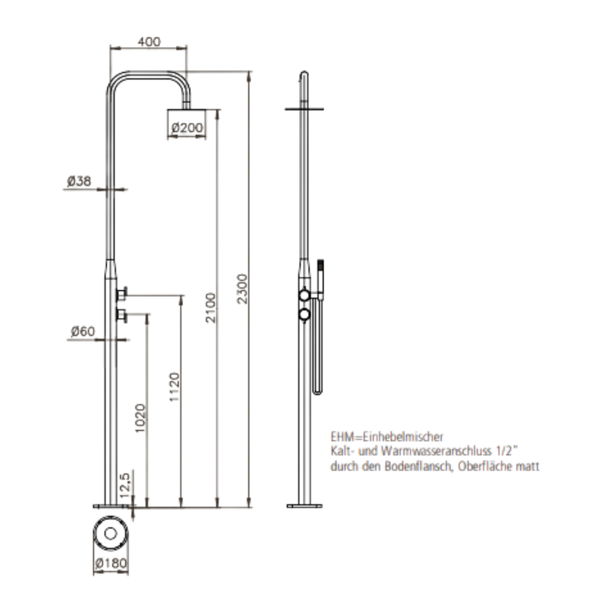 Juist Gartendusche "SCHWARZ" für Kalt-Warmwasser aus Edstahl V4A inkl Vormontagebox,Handbr.