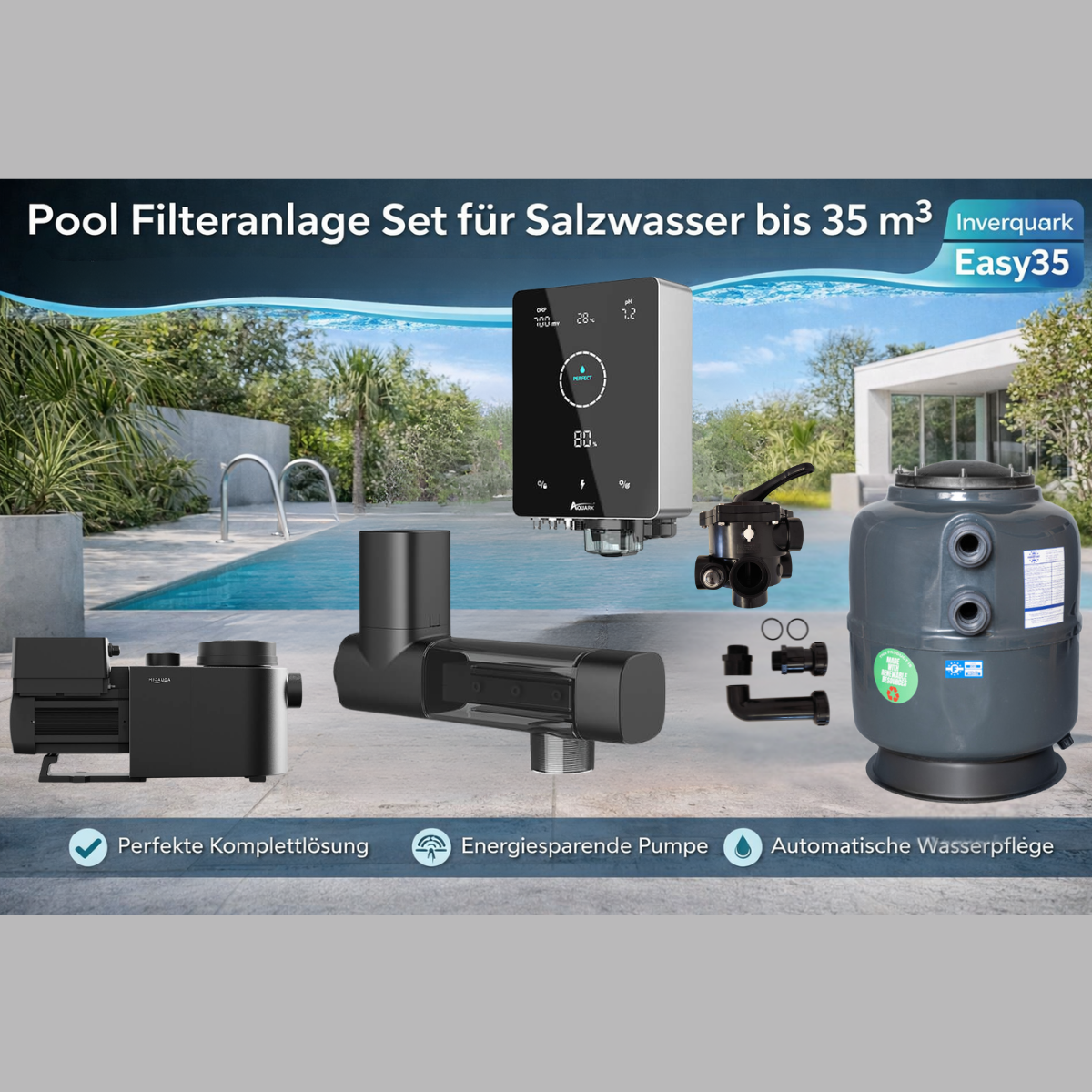 Pooltechnikpaket bis 35m³ "Easy" - PureS 510 Kessel + InverPro IP20 Inverterpumpe  + 6-Wegeventil & Mr. Pure MPS14 Salzanlage