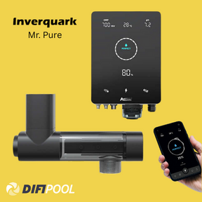 Inverquark Mr. Pure Salzelektrolyse-System bestehend aus Steuergerät, Elektrolysezelle und Smartphone-App zur smarten Poolwasserpflege, präsentiert auf gelbem Hintergrund mit DIFI POOL Logo.