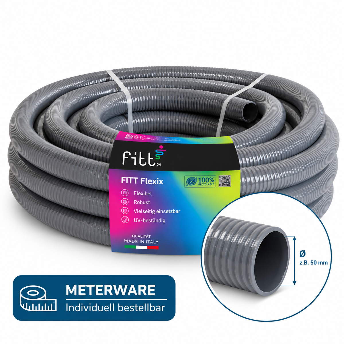 Pool & Spa Klebeschlauch mit Verstärkungspriale d50 | grau |  Meterware