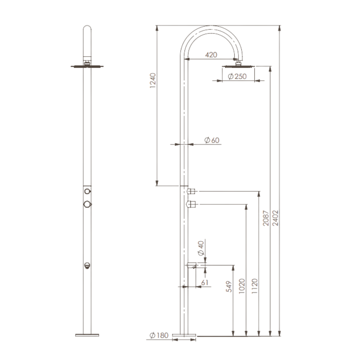 Norderney Edelstahl Gartendusche V4A –  Warm/Kaltwasser inkl. Fußdusche & Montagebox