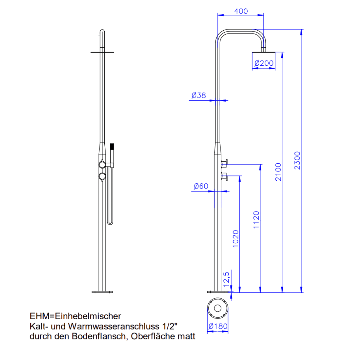 Juist Gartendusche Kalt-Warmwasser aus Edelstahl V4A inkl. Handbrause und Montagebox Unterfloor