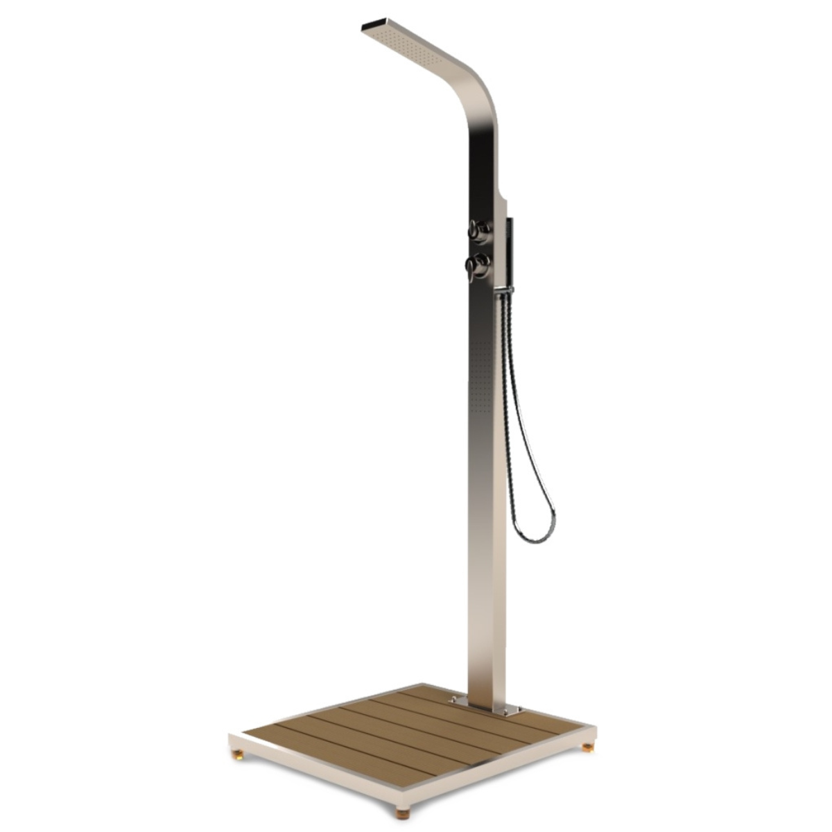 Helena Edelstahl V2A Gartendusche für Kalt-Warmwasser inkl. WPC Bodenplatte | Anschluss 2x1/2'