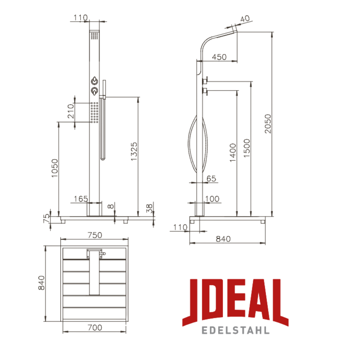 Helena Edelstahl V2A Gartendusche für Kalt-Warmwasser inkl. WPC Bodenplatte | Anschluss 2x1/2'