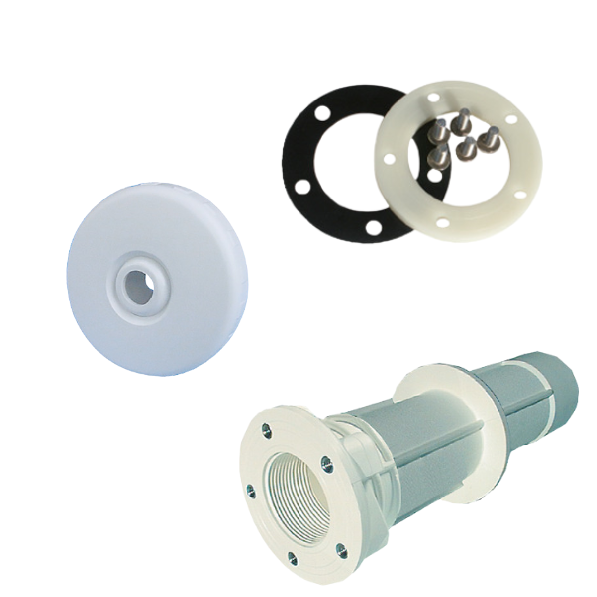 Neptun Einlaufdüsensatz komplett – inkl. Mauerdurchführung 25 cm | ABS weiß