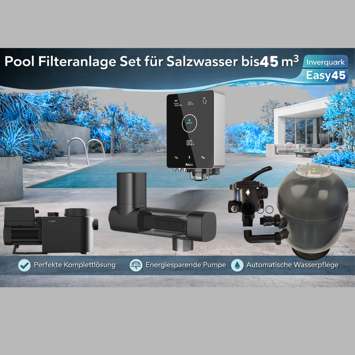Pooltechnikpaket bis 45m³ "Easy" - PureS 620 Kessel + InverPro IP25 Inverterpumpe  + 6-Wegeventil & Mr. Pure MPS22 Salzanlage