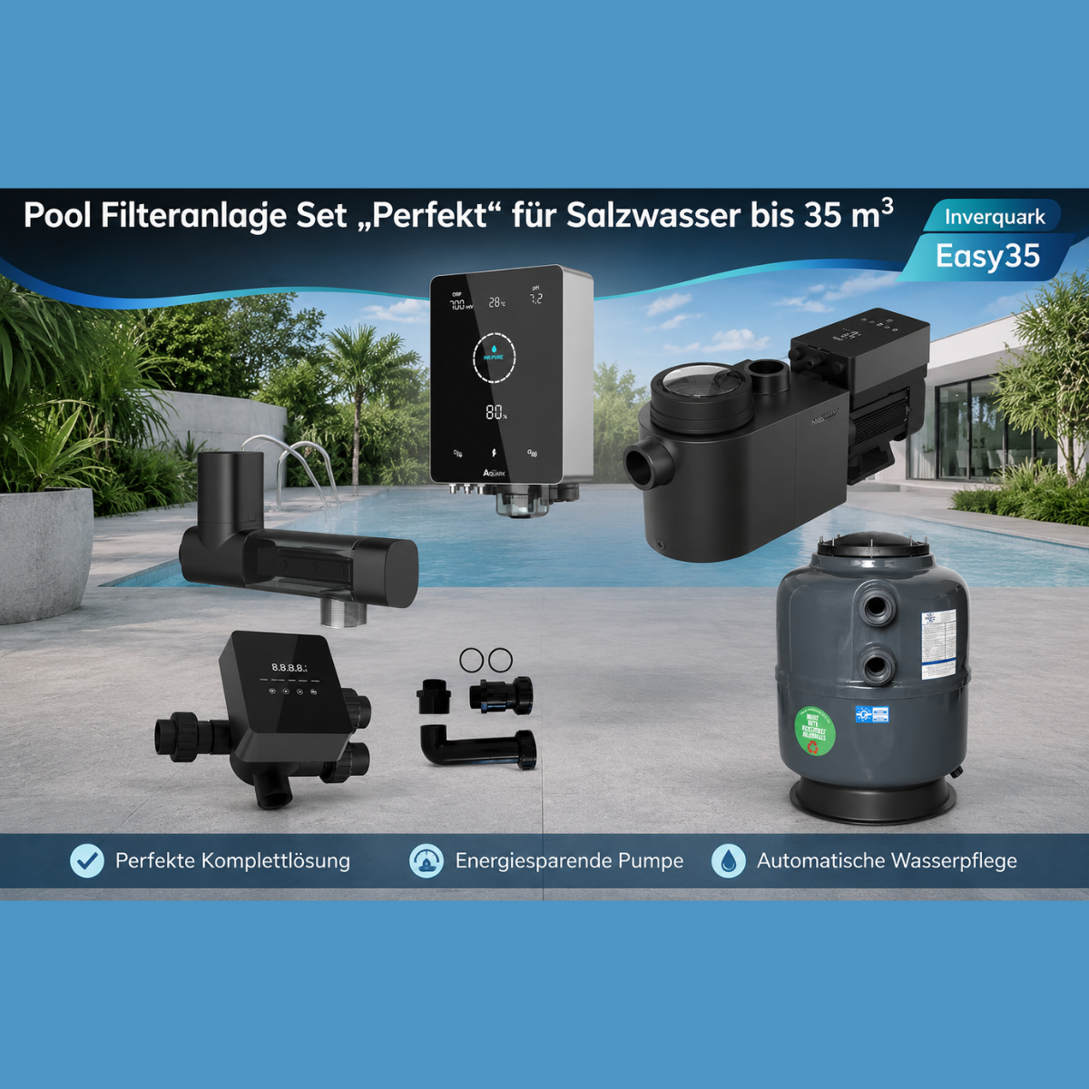Pooltechnikpaket 35m³ "Perfekt" PureS 510 Kessel– InverPro IP20 Inverterpumpe, iWash Rückspülventil & Mr. Pure MPS14 Salzanlage