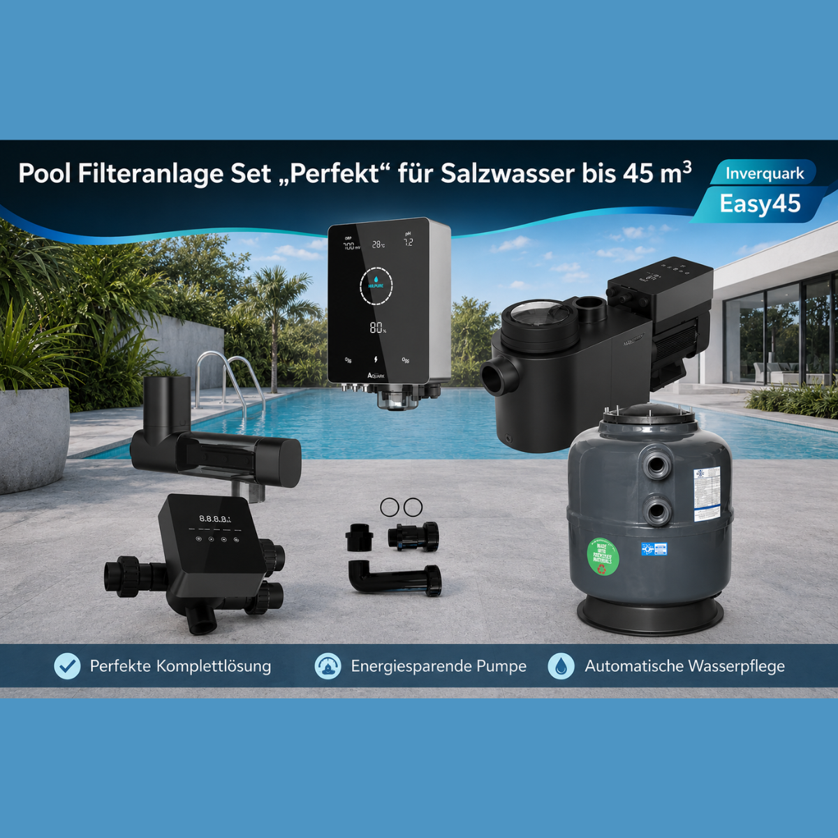 Pooltechnikpaket bis 45m³ "Perfekt" - PureS 620 Kessel + InverPro IP25 Inverterpumpe  + iWash Rückspülventil & Mr. Pure MPS22 Salzanlage