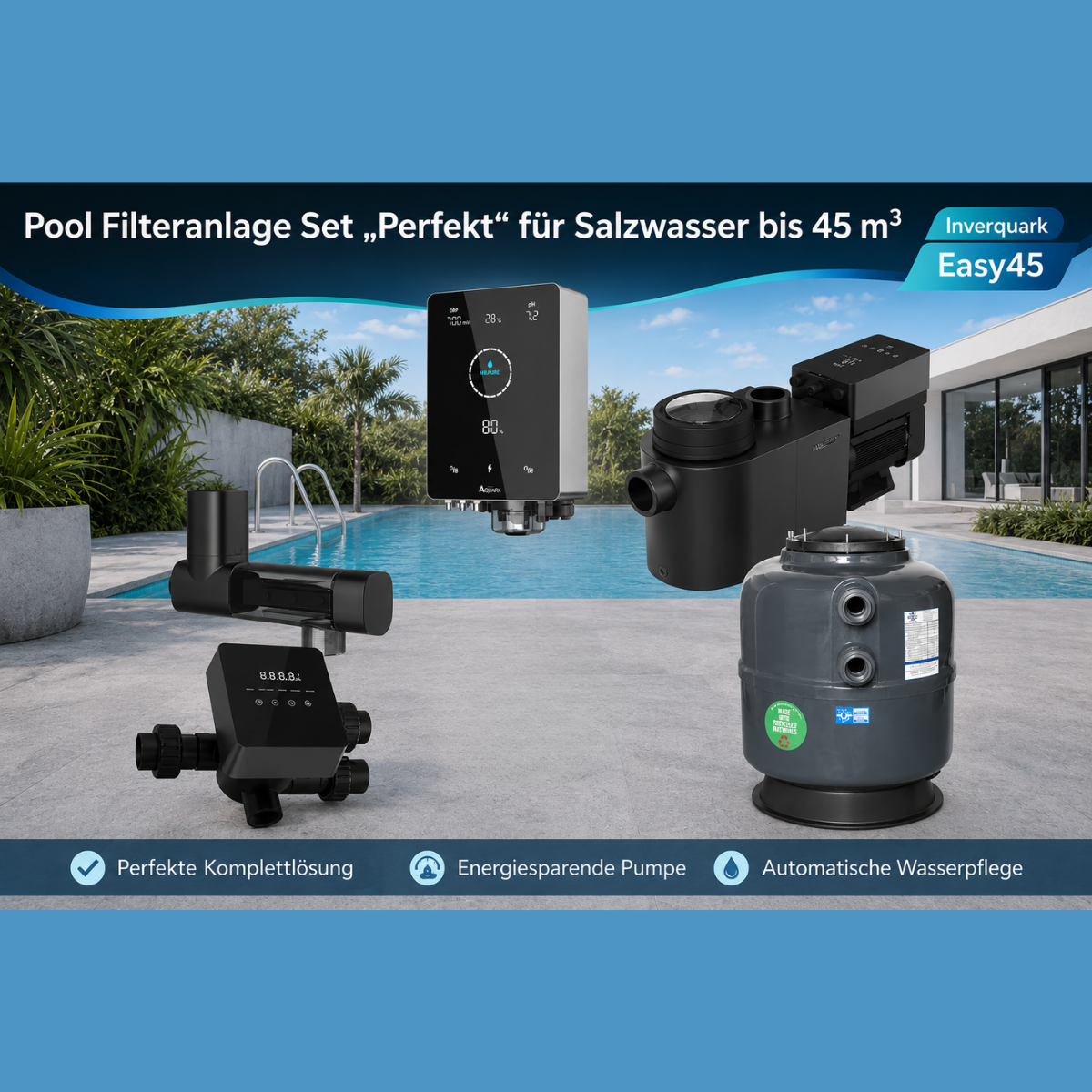 Pooltechnikpaket bis 45m³ "Perfekt" - Filterkessel 600mm + InverPro IP25 Inverterpumpe  + iWash Rückspülventil & Mr. Pure MPS22 Salzanlage